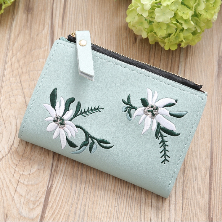 

Embroidery Short Wallet PU Leather Wallets Female Floral Hasp Coin Purse Zipper Bag Card Holders(Light Green)
