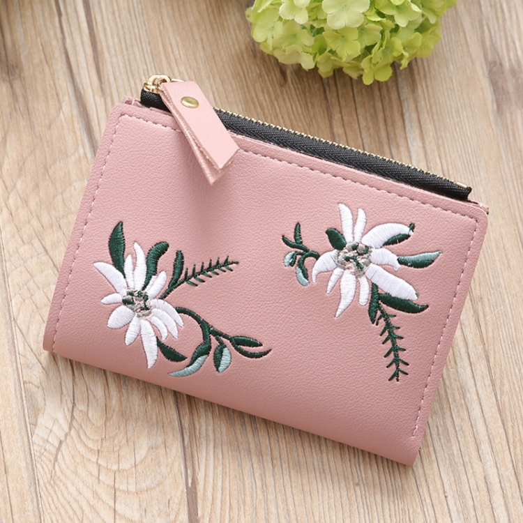 

Embroidery Short Wallet PU Leather Wallets Female Floral Hasp Coin Purse Zipper Bag Card Holders(Light Pink)