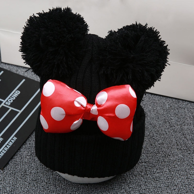 

Cute Mickey Bow Children Korean Style Earmuffs Wool Hat Baby Autumn and Winter Knitted Warm Cuffed Hooded Cap black