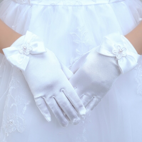 

Lovely Girl Etiquette Performance Gloves bowknot Satin Gloves Short Children Princess Dance Glove, Size:S(White)