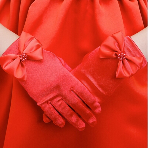 

Lovely Girl Etiquette Performance Gloves bowknot Satin Gloves Short Children Princess Dance Glove, Size:S(Red)