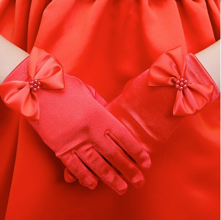 

Lovely Girl Etiquette Performance Gloves bowknot Satin Gloves Short Children Princess Dance Glove, Size:M(Red)
