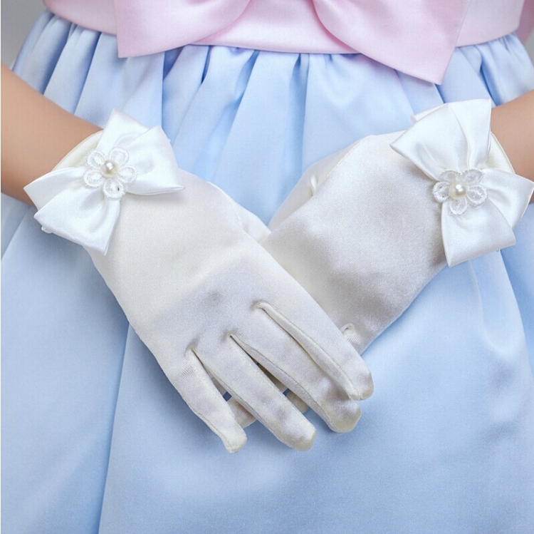 

Lovely Girl Etiquette Performance Gloves bowknot Satin Gloves Short Children Princess Dance Glove, Size:L(Beige)