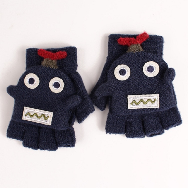

Winter Dual-use Cartoon Half Finger Flip Knitted Warm Children Gloves(Navy)