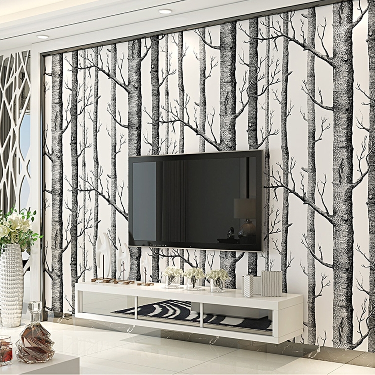 

Nordic Style Modern Minimalist Living Room Black And White Birch Forest Non-woven TV Background Wallpaper