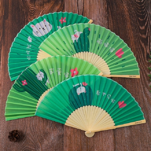 

4 PCS Creative Cartoon Cloth Folding Fan Cool Summer Hand Fan, Style:Cactus Meow(Random Color and Words Delivery)