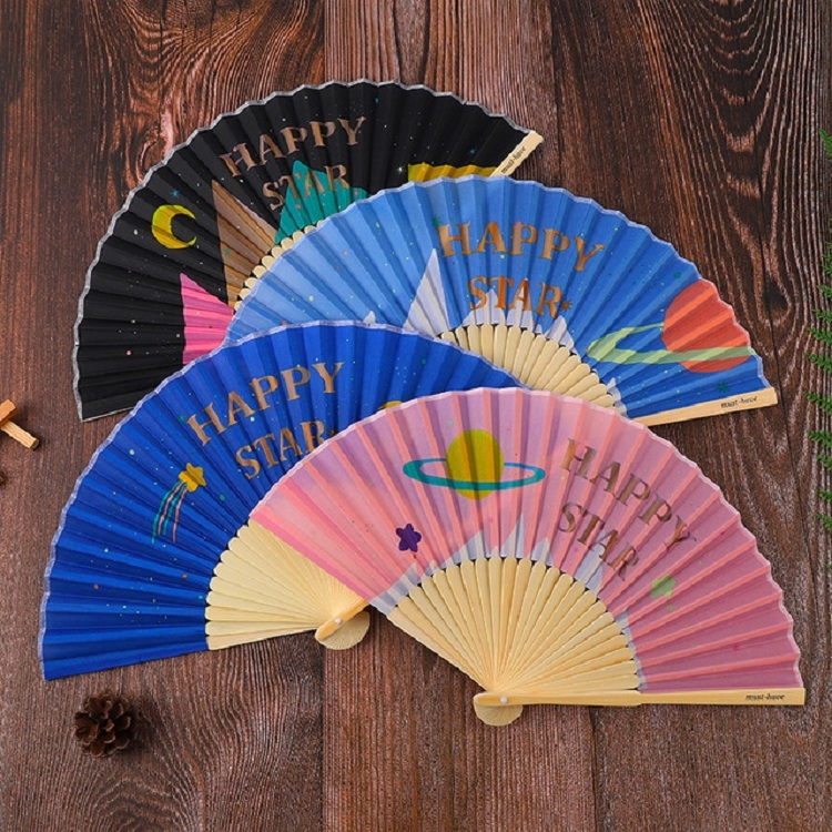 

4 PCS Creative Cartoon Cloth Folding Fan Cool Summer Hand Fan, Style:Happy Planet(Random Color and Words Delivery)
