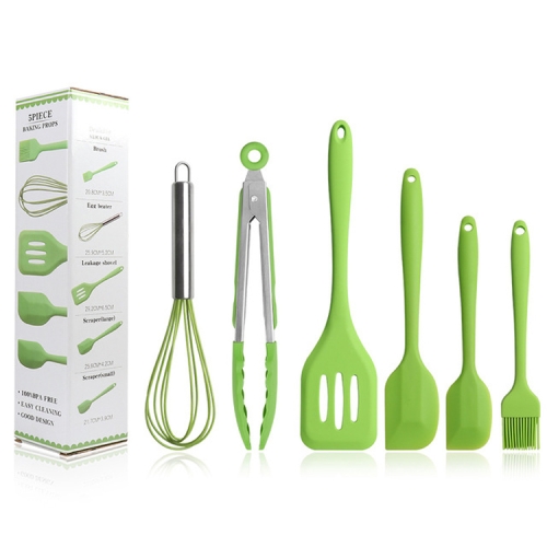 

6 in 1 Silicone Kitchenware Slotted Spatula Scraper Egg Beater Brush Food Clip Set(Green)