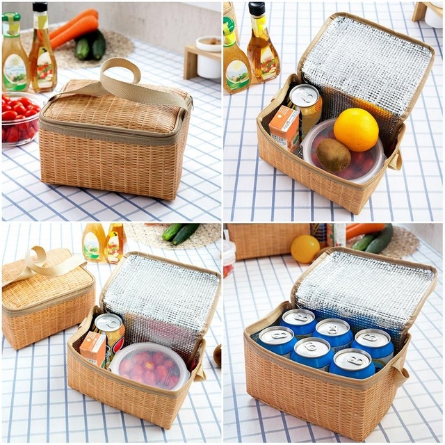 

Outdoor Camping Picnic Bag Wicker Picnic Basket Case Thermal Lunch Storage Box(Khaki)