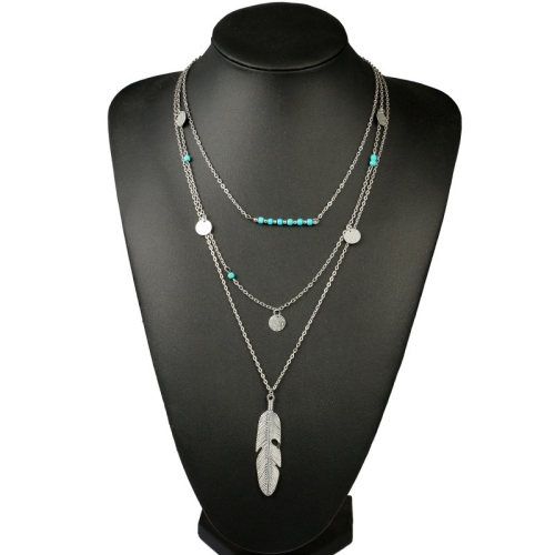 

Multilayer Coin Tassels Beads Choker Feather Pendants Necklaces for Women(Silver)