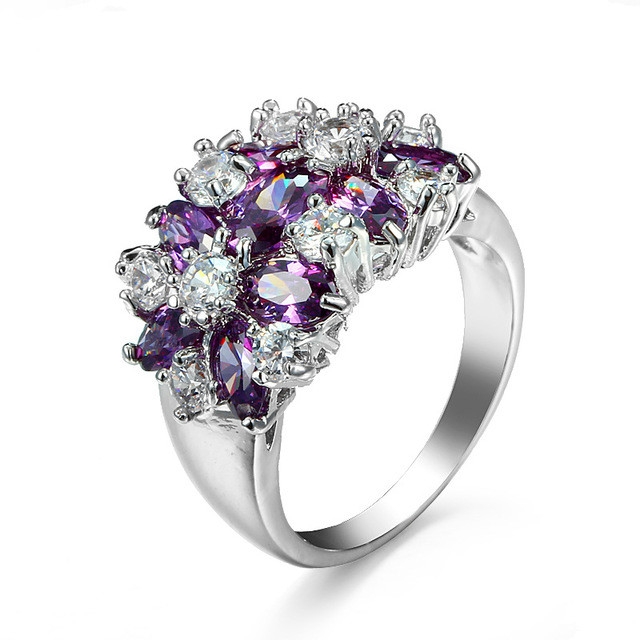 

925 Sterling Silver Sparkling Rings Girls Crystal Engagement Jewelry, Ring Size:9(Purple)
