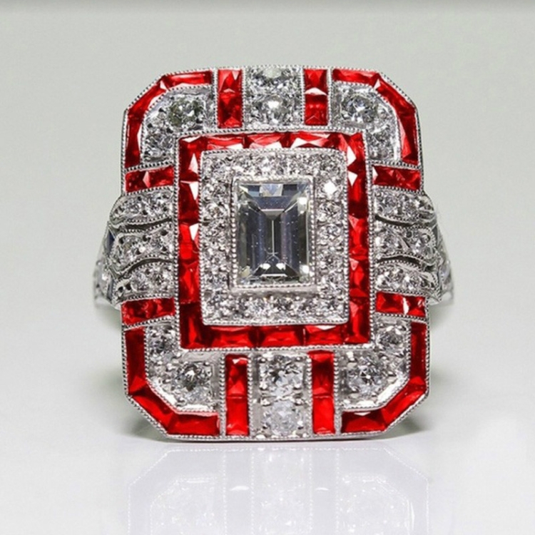 

Luxury Square Women Crystal Zircon Engagement Ring, Ring Size:10(Red)