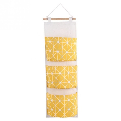 

3-Pockets Cotton Linen Wall Hanging Door Pouch Bedroom Home Storage Pocket Hanging Bag(Yellow)