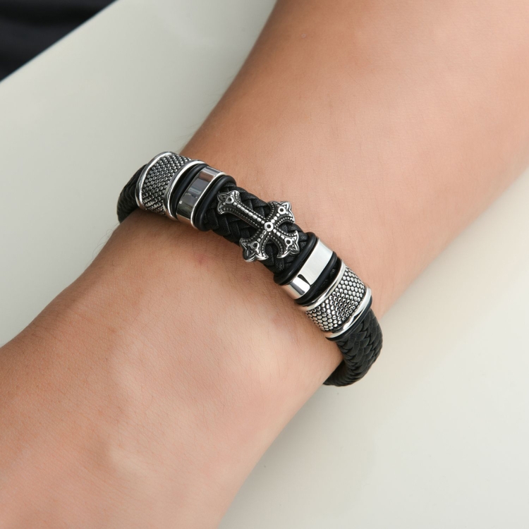 

Multi-layer Handmade Leather Chain Weaved Man Stainless Steel Wristband Bracelets, Length:24cm(Black)