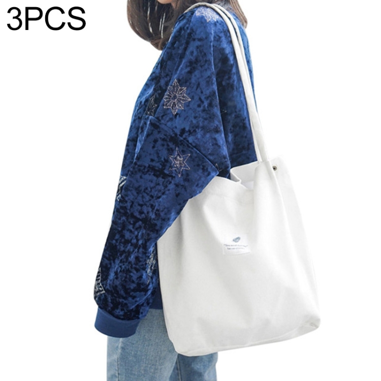 

3 PCS High Capacity Women Corduroy Tote Ladies Casual Shoulder Bag Foldable Reusable Shopping Beach Bag(White)