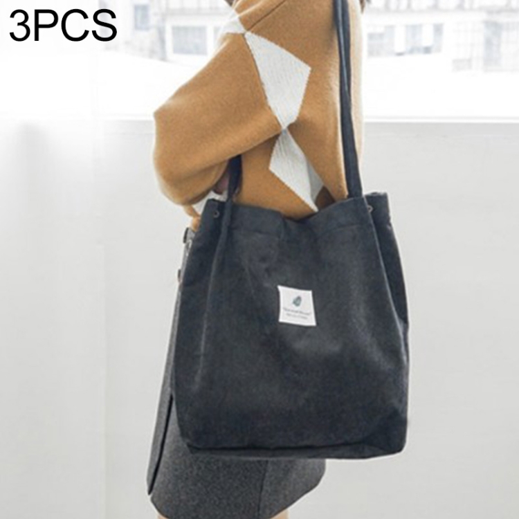 

3 PCS High Capacity Women Corduroy Tote Ladies Casual Shoulder Bag Foldable Reusable Shopping Beach Bag(Black)
