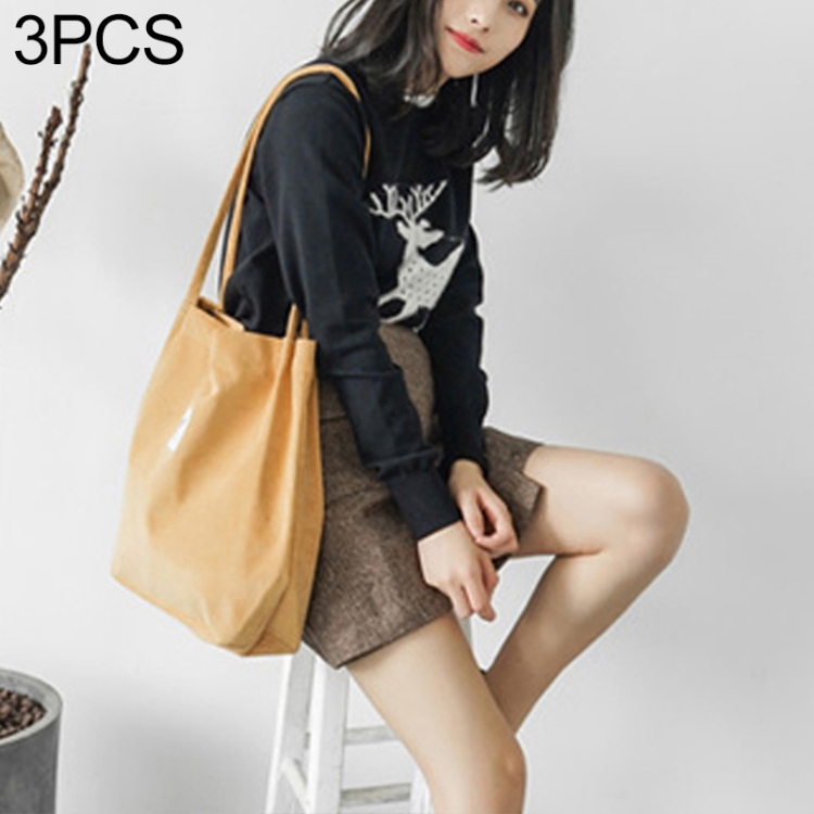 

3 PCS High Capacity Women Corduroy Tote Ladies Casual Shoulder Bag Foldable Reusable Shopping Beach Bag(Yellow)