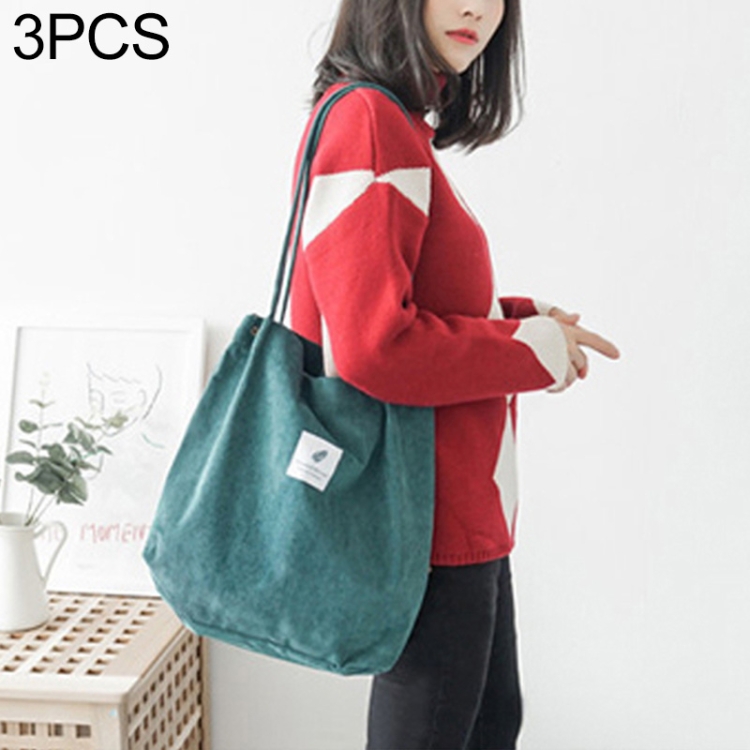 

3 PCS High Capacity Women Corduroy Tote Ladies Casual Shoulder Bag Foldable Reusable Shopping Beach Bag(Green )