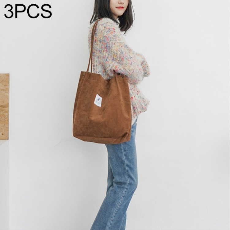 

3 PCS High Capacity Women Corduroy Tote Ladies Casual Shoulder Bag Foldable Reusable Shopping Beach Bag(Brown)