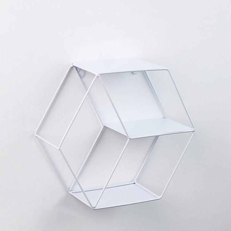 

Hanging Wrought Iron Hexagonal Grid Wall Shelf Home Decoration(White)