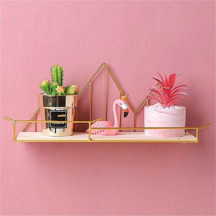 

Wrought Iron Wooden Slotted Clapboard Shelf Home Decoration Wall Rack(Gold)
