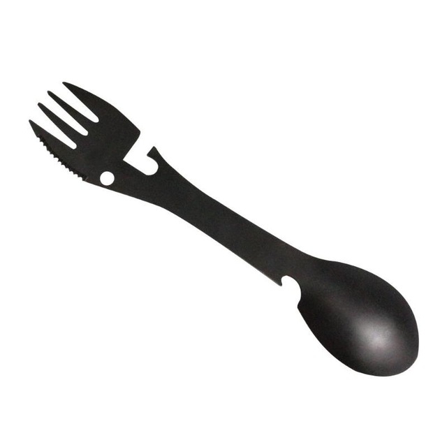 

2 PCS 5 in 1 Multi-functional Outdoor Tools Stainless Steel Camping Survival EDC Kit Practical Fork Knife Spoon Bottle/Can Opener(Black)
