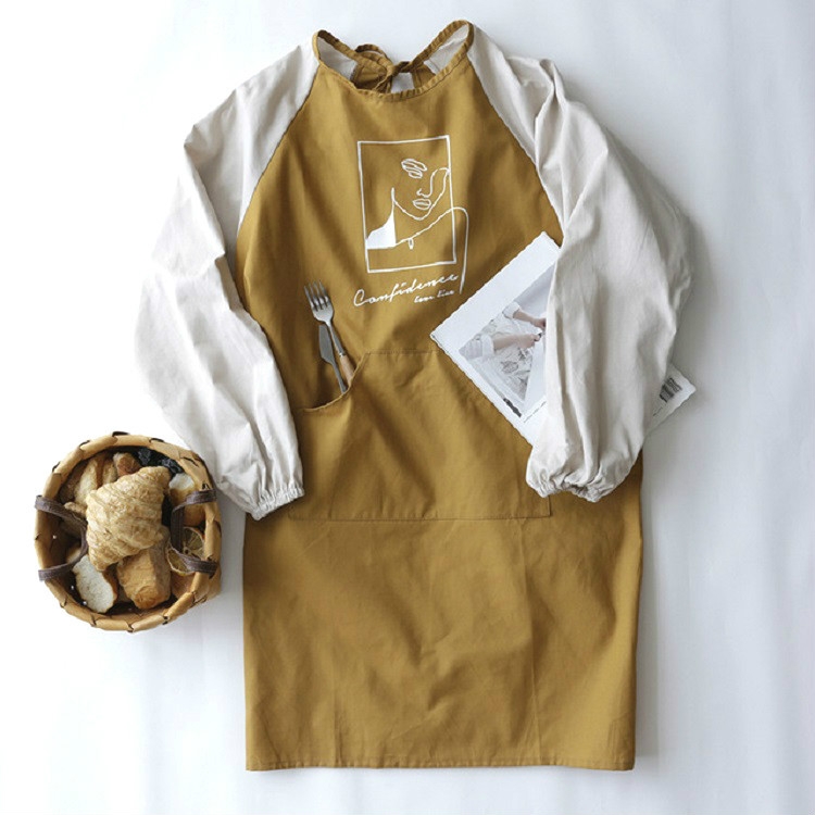 

Creative Color Matching Blouse Flower Shop Restaurant Kitchen Long Sleeve Apron, Size:One Size, Style:Without Lining(Beige Khiki)