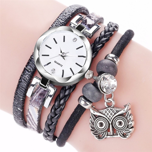 

2 PCS Ladies Small Dial Circle Owl Pendant Bracelet Watch(Black)