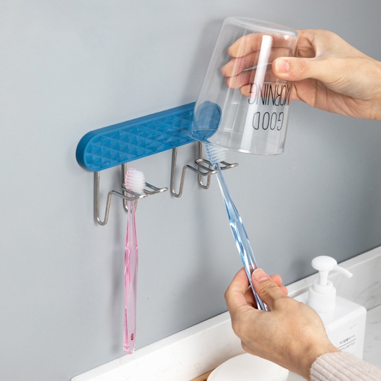 

5 PCS Stainless Steel toothbrush Cup Holder Wall-mounted Wash Cup Rack, Style:Double Row(Blue)