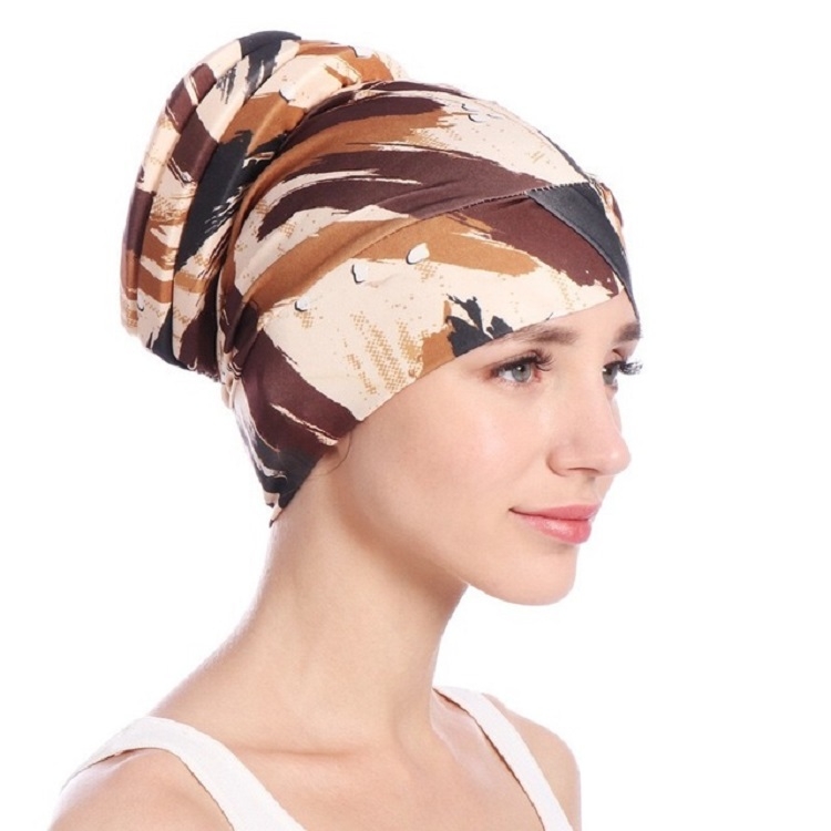 

Floral Turban Hat Cotton Back Plate Hair Wrap Cap, Size:M (56-58cm)(Khaki)