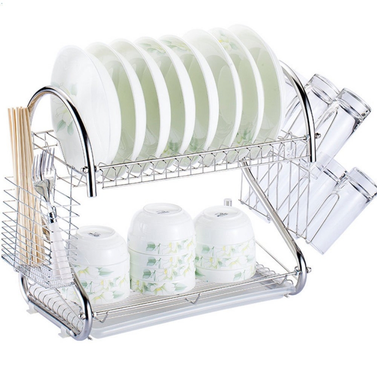 

2 Tiers Kitchen Dish Drying Rack Drainer Dryer Tray Cultery Holder(Silver)