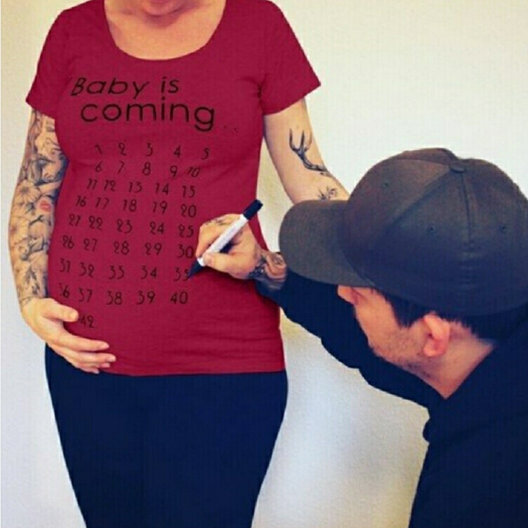 

Print Women Maternity Clothing Pregnant Short T shirt Funny Top, Size:XL(Wine Red)