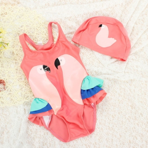 

Swan Flamingo Girls Swimwear with Swimming Cap, Size:M ( 1-2years)(Red)