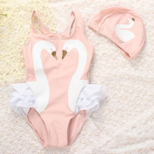 

Swan Flamingo Girls Swimwear with Swimming Cap, Size:M ( 1-2years)(Pink Swan)