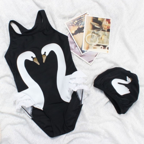 

Swan Flamingo Girls Swimwear with Swimming Cap, Size:3XL (7-8years)(Black Swan)