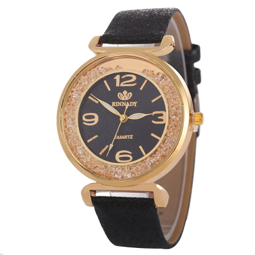 

FULAIDA Women Rhinestone Gold Powder PU Leather Strap Quartz Watch(Black)