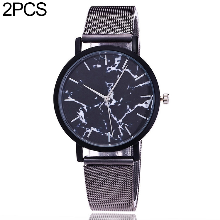 

2 PCS Women Marbled Texture Mesh Belt Watch(Black)