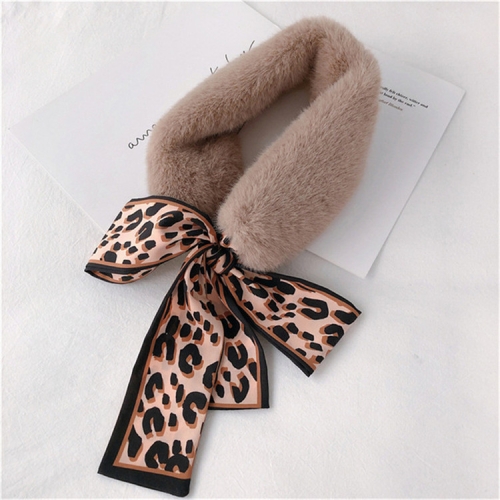 

Khaki+Beige Winter Women Plush Warm Scarf with Leopard Ribbon, Size:160 x 9cm