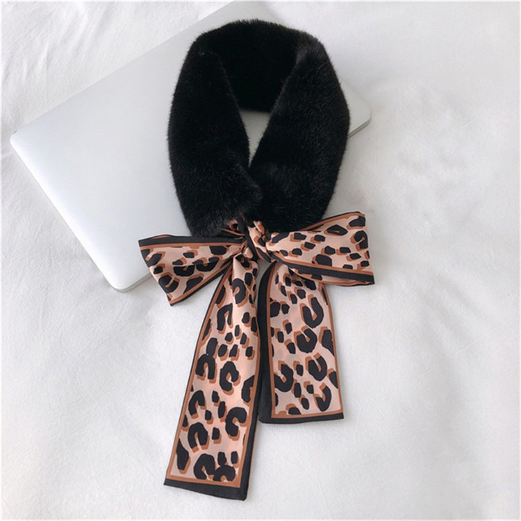 

Black+Coffee Winter Women Plush Warm Scarf with Leopard Ribbon, Size:160 x 9cm