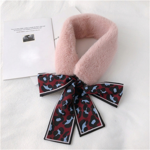 

Pink+Wine Red Winter Women Plush Warm Scarf with Leopard Ribbon, Size:160 x 9cm