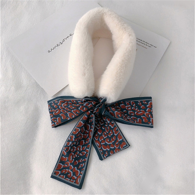 

White+Navy Winter Women Plush Warm Scarf with Leopard Ribbon, Size:160 x 9cm
