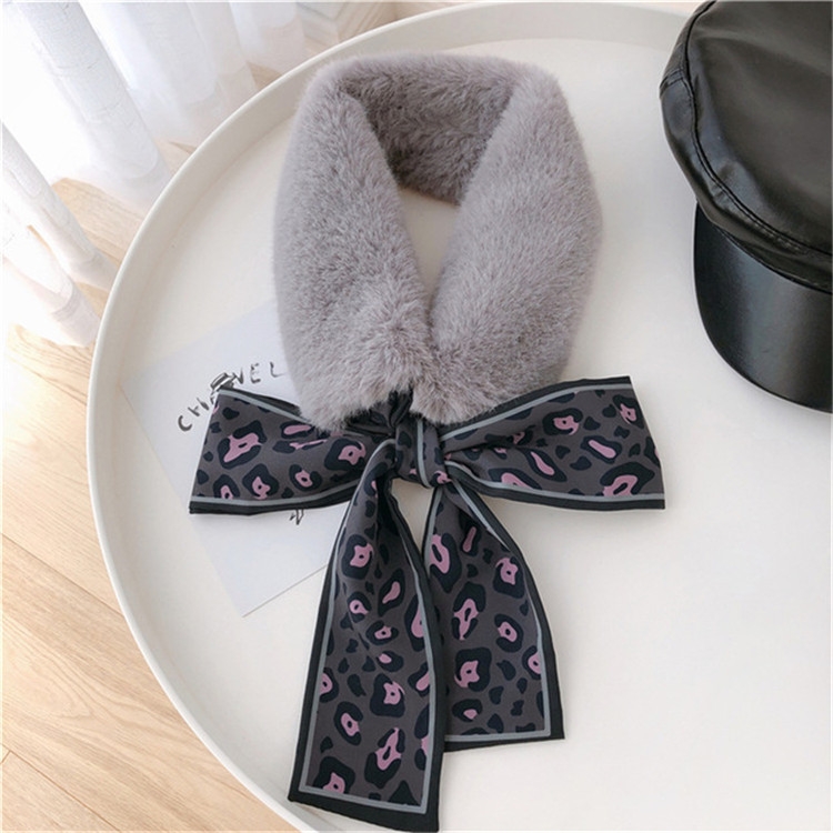 

Grey+Grey Winter Women Plush Warm Scarf with Leopard Ribbon, Size:160 x 9cm