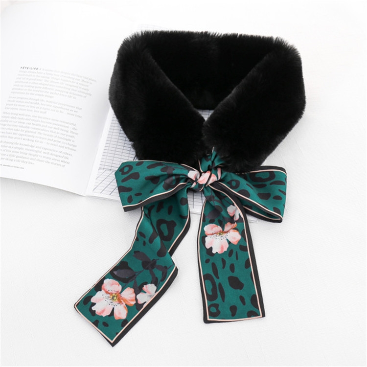 

Black+Green Winter Women Plush Warm Scarf with Leopard Ribbon, Size:160 x 9cm