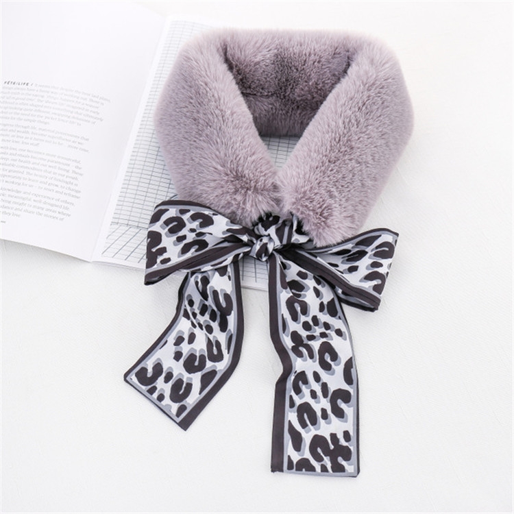 

Grey+White Winter Women Plush Warm Scarf with Leopard Ribbon, Size:160 x 9cm