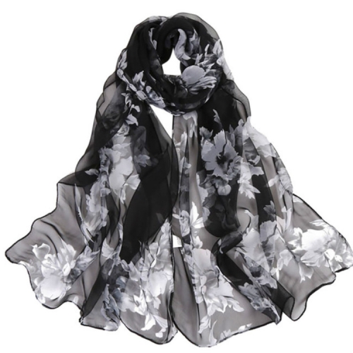 

Wild Peach Flower Pattern Sunscreen Chiffon Large Scarf Light Thin Style Silk Scarf Shawl(Black)