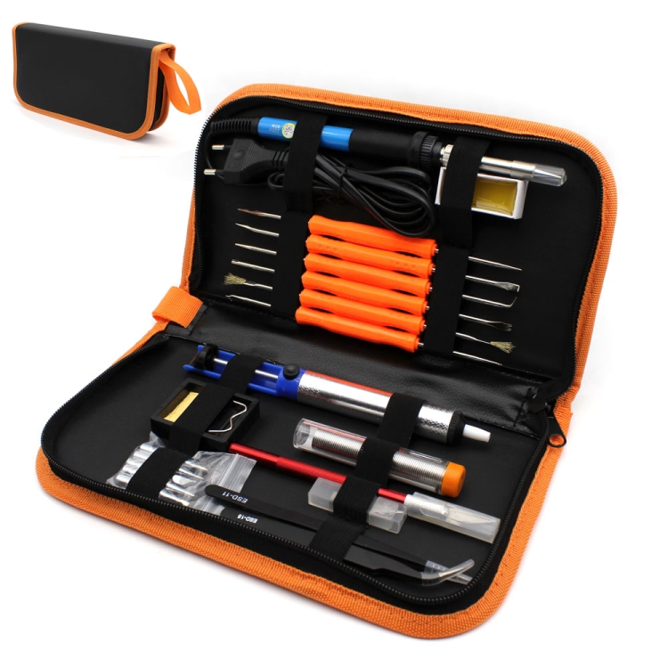 

60W Adjustable Temperature Electric Soldering Iron Kit + 5 PCS Tips Portable Welding Repair Tool Tweezers Hobby knife 110V, Plug Type:EU Plug(Orange)