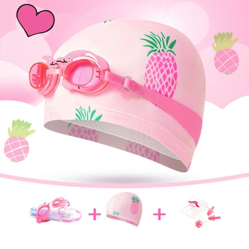 

3 in 1 Children Swimming Swimming Cap + Swimming Goggles + Nose Clip Earplugs Set(Pink Pineapple)