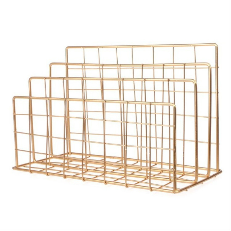 

Magazine Holder Grid Wrought Iron Desktop Storage Rack Bookshelf File Organizer Holder(Gold)