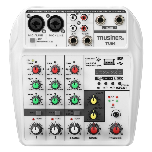 

TU04 BT Sound Mixing Console Record 48V Phantom Power Monitor AUX Paths Plus Effects 4 Channels Audio Mixer with USB(White)