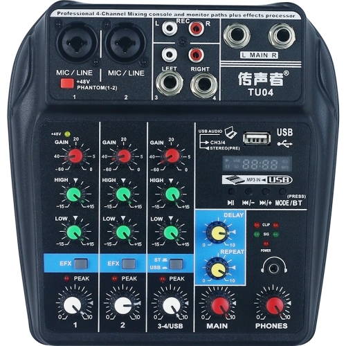 

TU04 BT Sound Mixing Console Record 48V Phantom Power Monitor AUX Paths Plus Effects 4 Channels Audio Mixer with USB(Black)